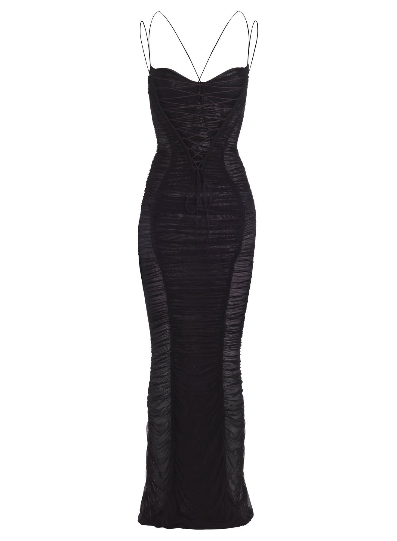 MAGENTA BACKLESS RUCHED MESH GOWN