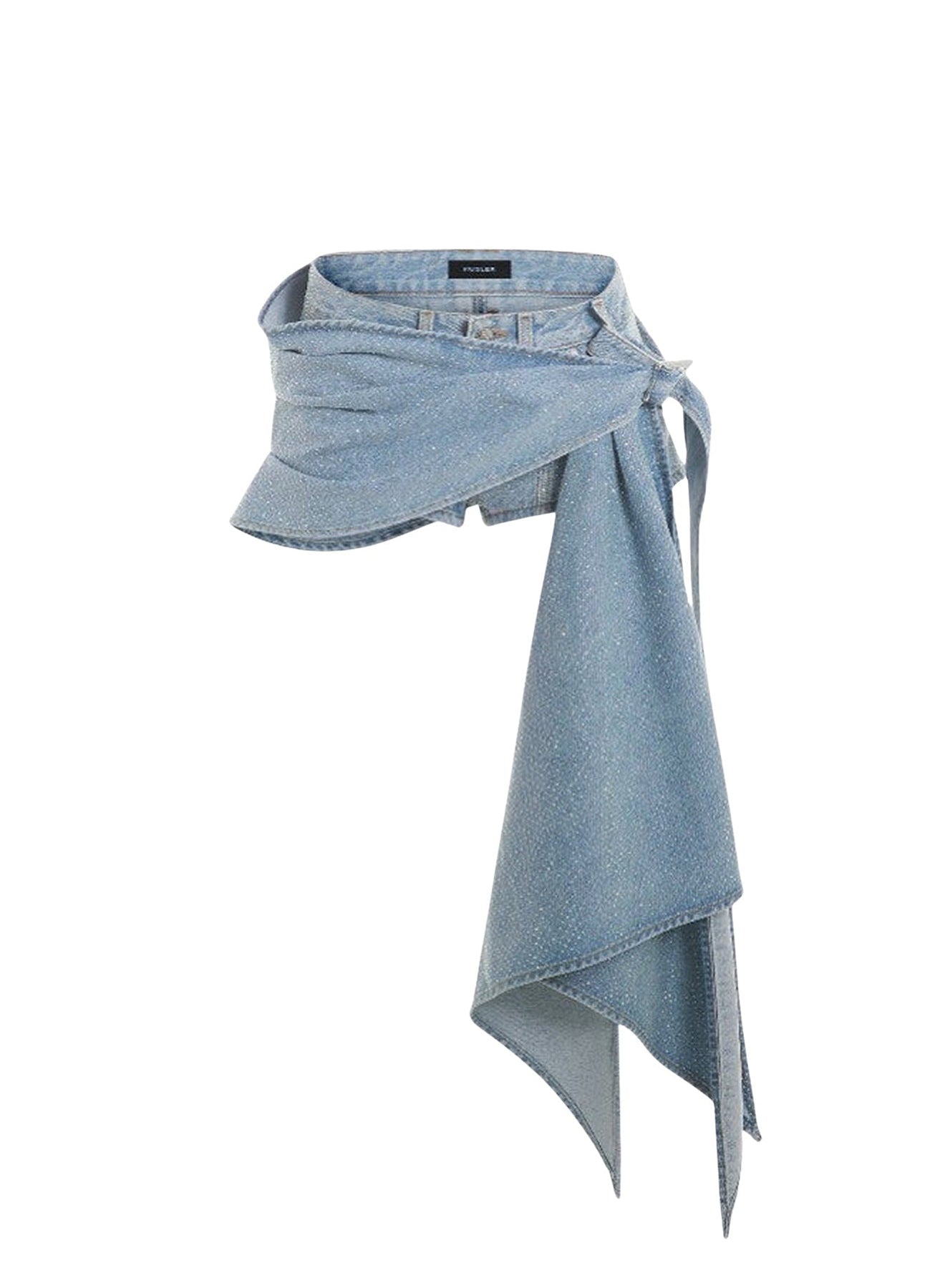 BLUE DRAPED SPIRAL DENIM RHINESTONE SHORTS