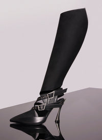 BLACK LEATHER BUCKLED FANG 95 KNEE HIGH BOOTS