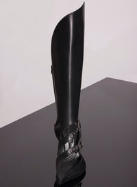BLACK LEATHER BUCKLED FANG 95 KNEE HIGH BOOTS