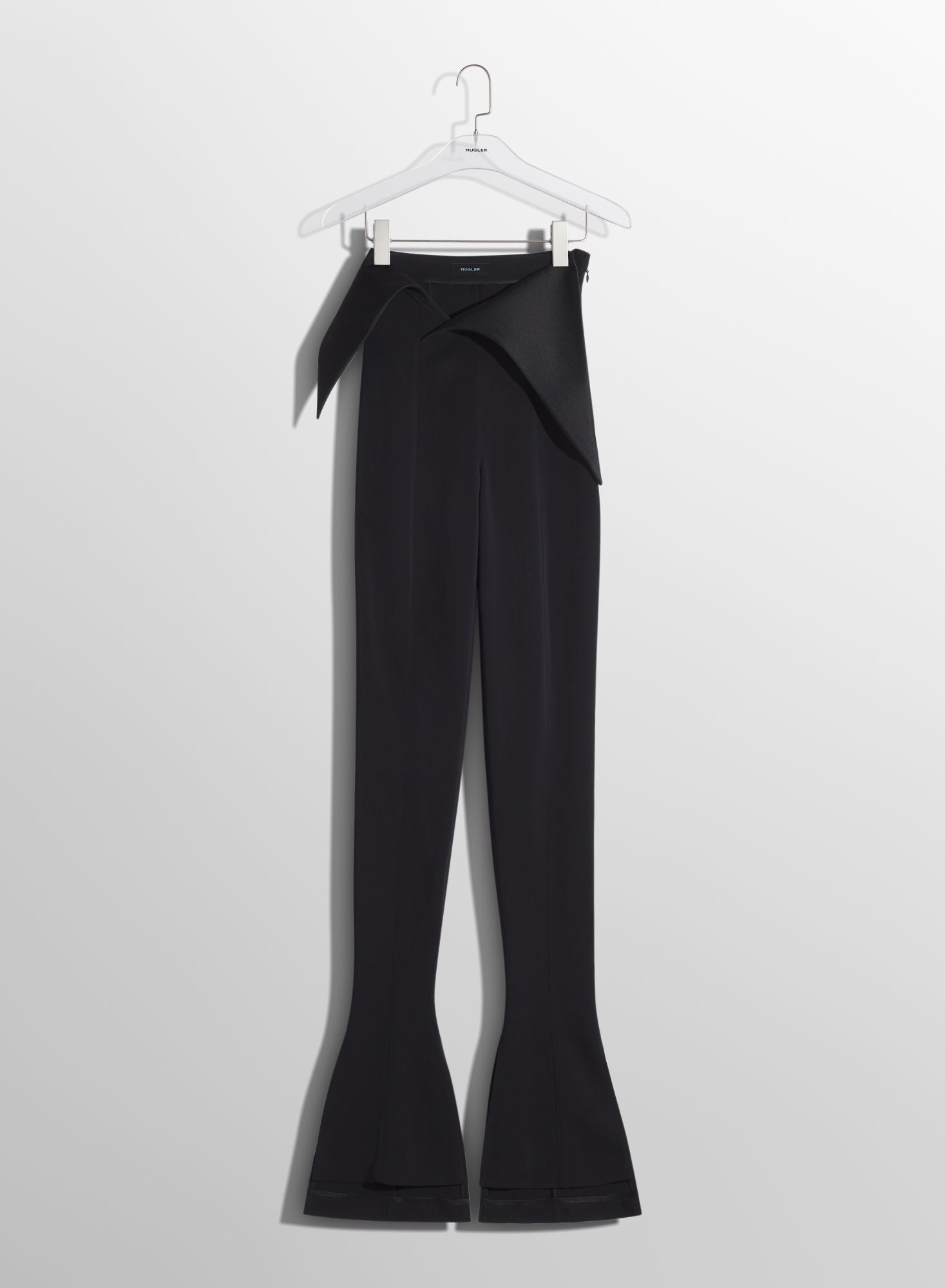 BLACK SATIN CUMMERBUND FLARE WOOL TROUSERS