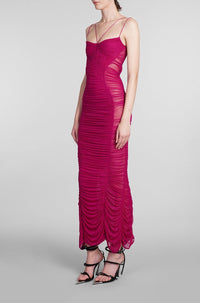 MAGENTA BACKLESS RUCHED MESH GOWN