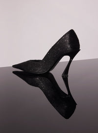 BLACK LEATHER FAUX FUR GLITTERED FANG 95 PUMP