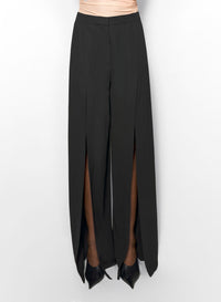 BLACK WIDE-LEG SLIT BUCKLED TROUSERS