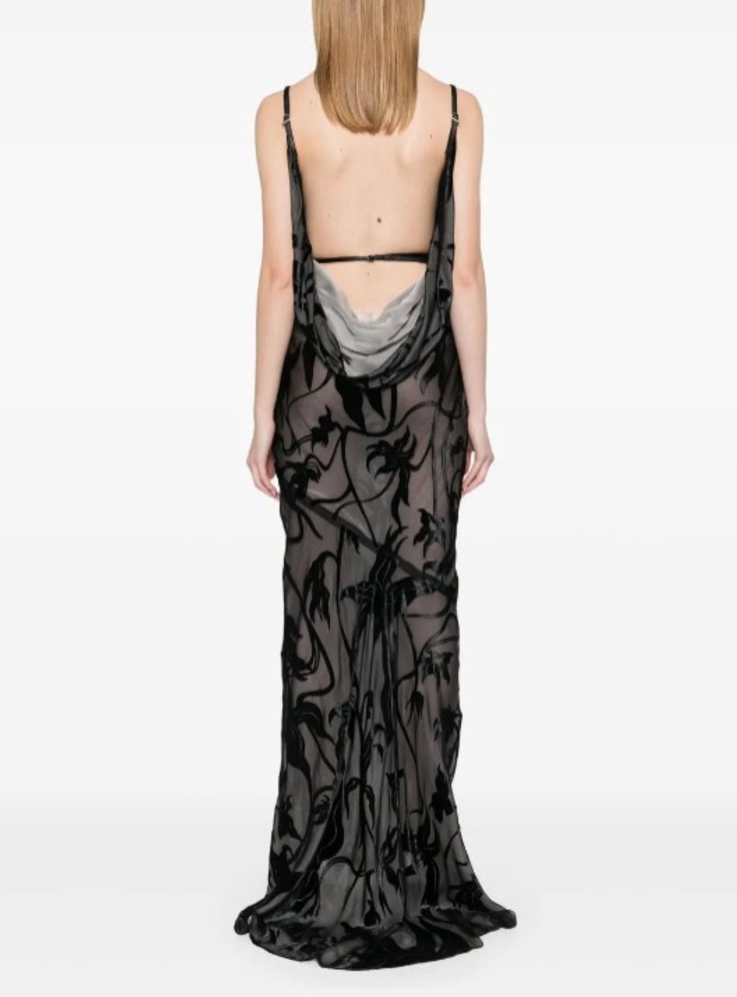 BLACK FLORAL PRINT BACKLESS VELVET GOWN