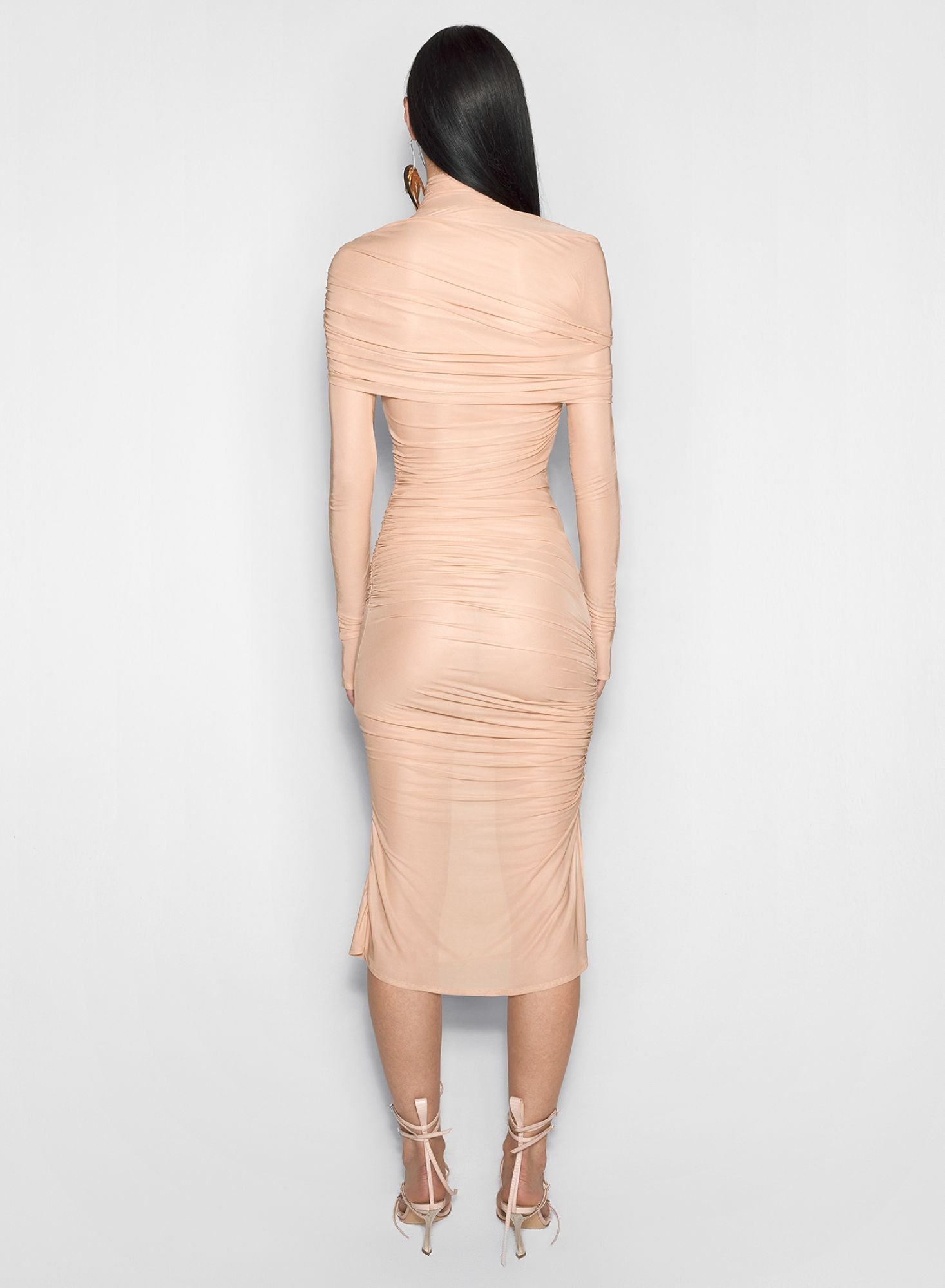 NUDE SHEER RUCHED DRESS