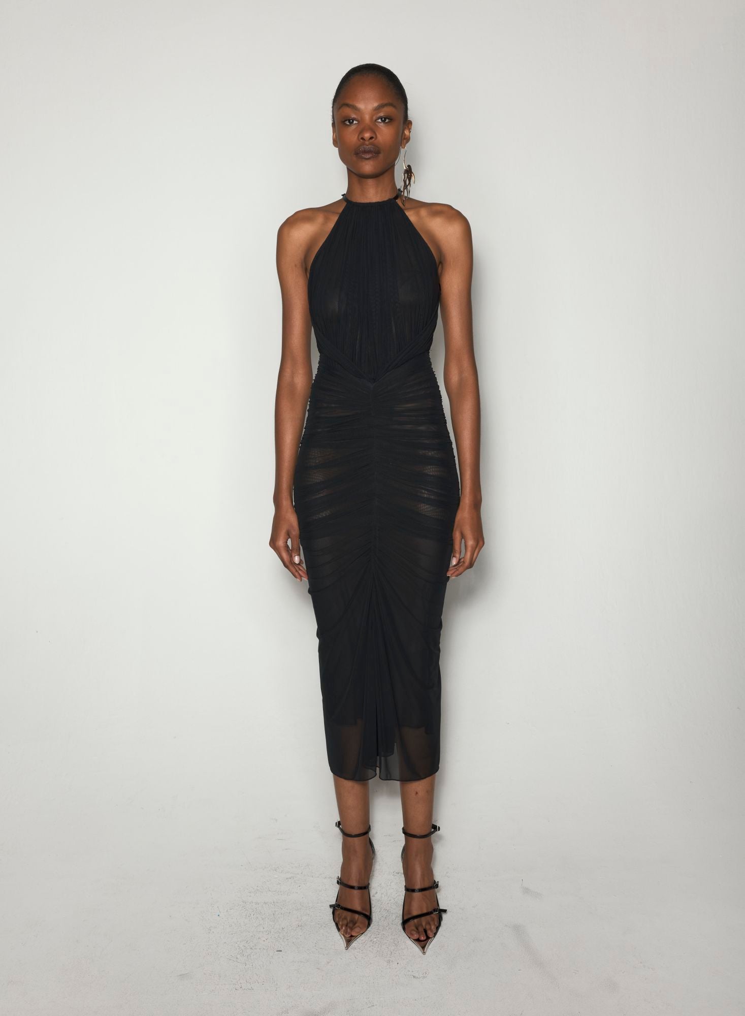 BLACK RUCHED HALTER DRESS