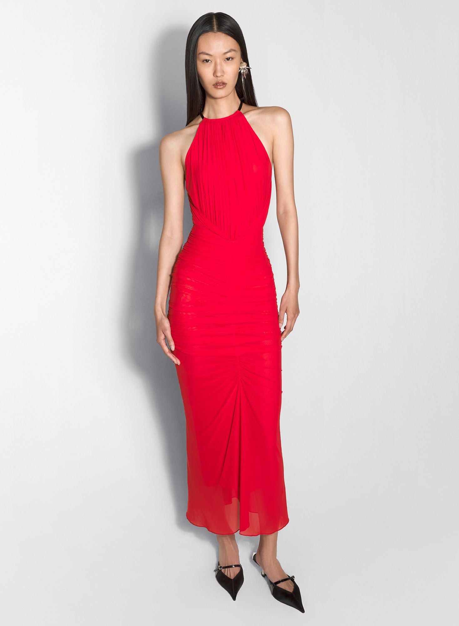 BLACK RUCHED HALTER DRESS