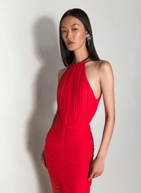 BLACK RUCHED HALTER DRESS