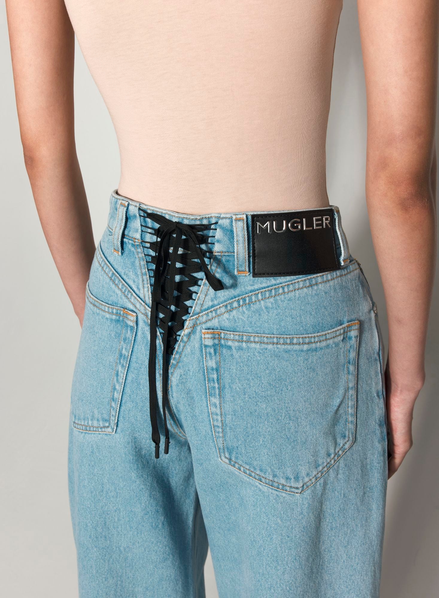 BLUE LACED-UP WIDE LEG JEANS