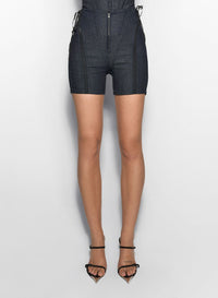 BLACK MESH LACED-UP RAW DENIM SHORTS