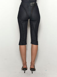 BLACK MESH RAW DENIM CAPRI JEANS