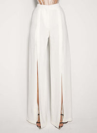 WHITE WIDE-LEG SLIT BUCKLED TROUSERS