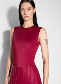RED SLEEVELESS SHOULDER MUGLER LOGO BODYSUIT