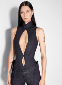 RAW DENIM OPEN NECKLINE BODYSUIT